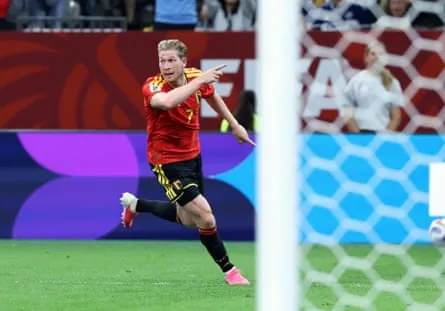 De Bruyne celebrates after scoring Belgium’s third.