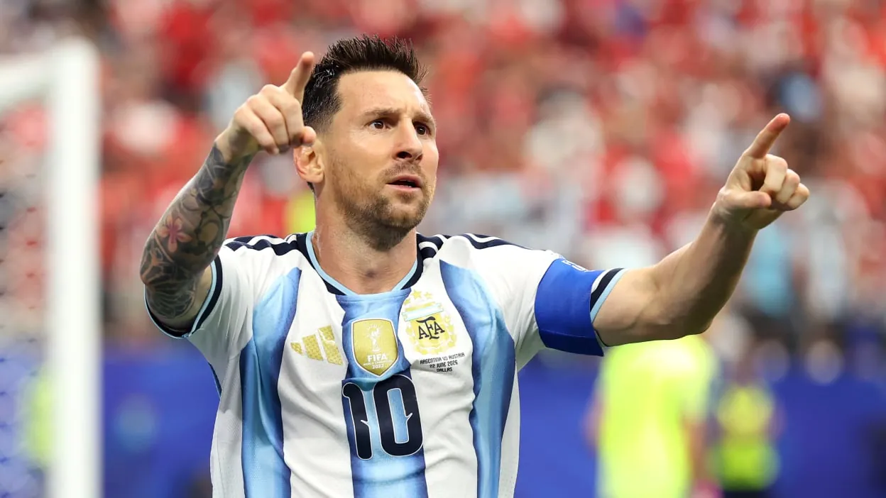 Lionel Messi celebrates at the World Cup