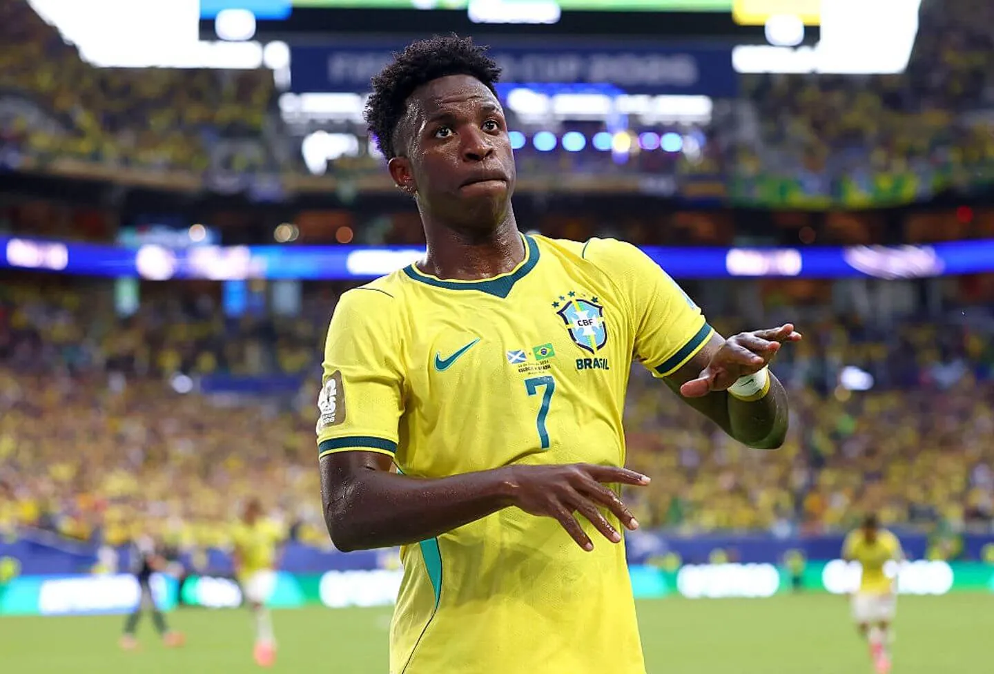 MIAMI GARDENS, FLORIDA - JUNE 24: Vinicius Junior #7 of Brazil celebrates scoring his team's second goal during the FIFA World Cup 2026 Group C match between Scotland and Brazil at Miami Stadium on June 24, 2026 in Miami Gardens, Florida. (