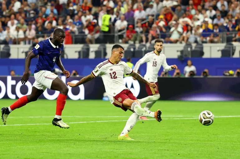 Soccer Football - FIFA World Cup 2026 - Semi Final - France v Spain - Dallas Stadium, Arlington, Texas, U.S. - July 14, 2026 Spain's Pedro Porro scores their second goal REUTERS/Hannah Mckay
