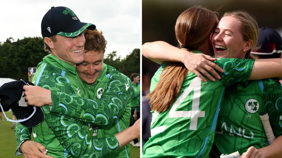 Harry Tector celebrates beating India, while Ireland women celebrate winning at the Women's World Cup